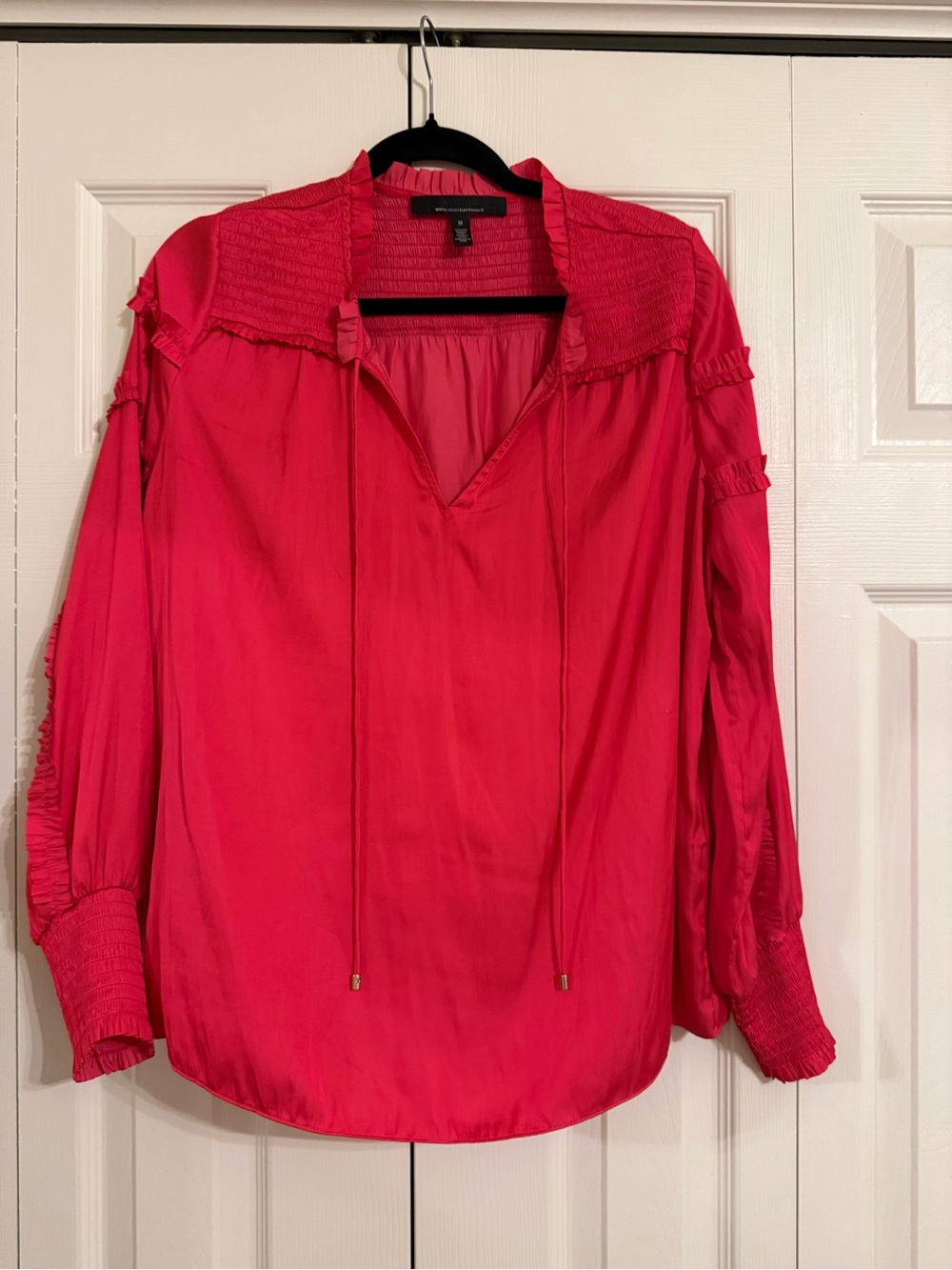 White House Black Market Hot Pink Smocked Yoke V-Neck Blouse